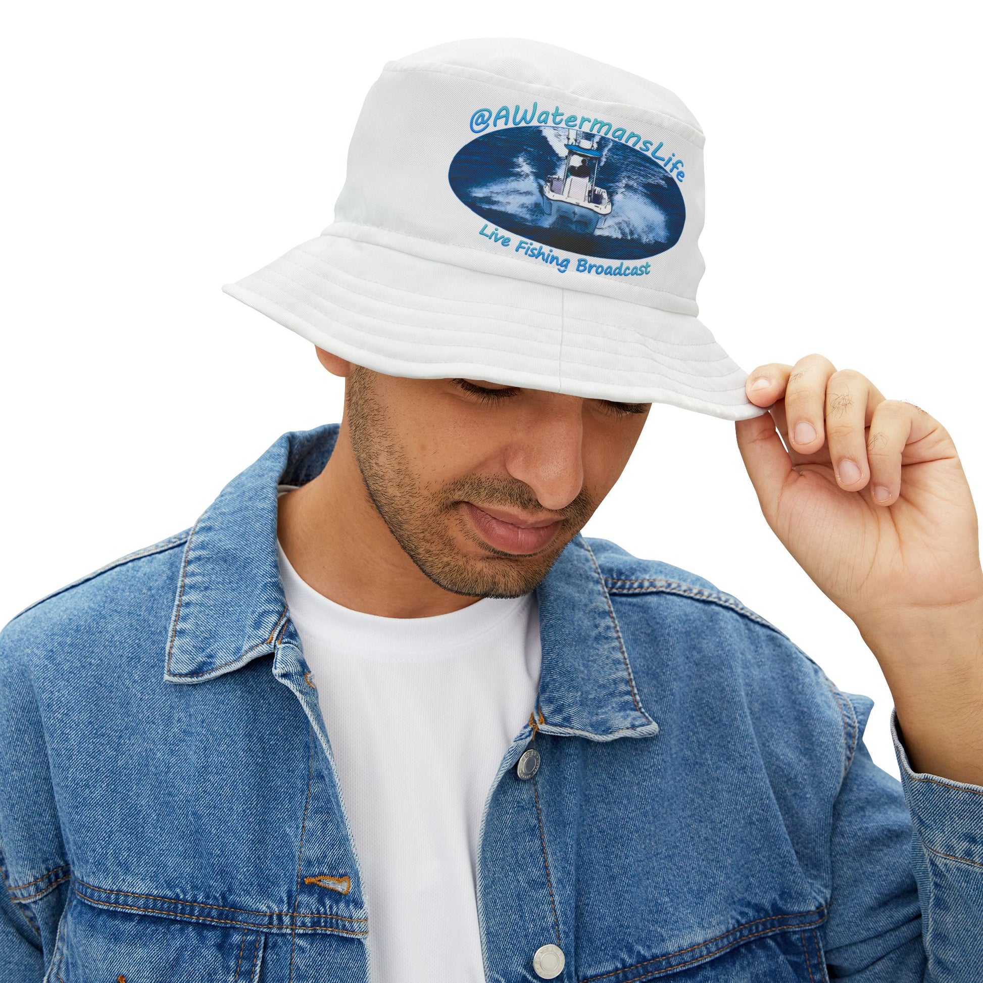 bucket hat with fishing lures featuring AEGIS stretch fit Fishing Lure Stuck Hat Band
